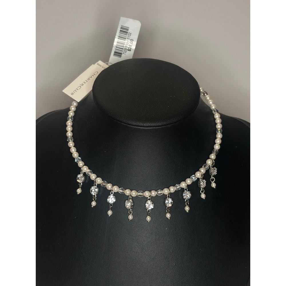 Vintage Y2K Faux Pearl Crystal Drop Choker Necklace Silver Tone Charter Club NWT